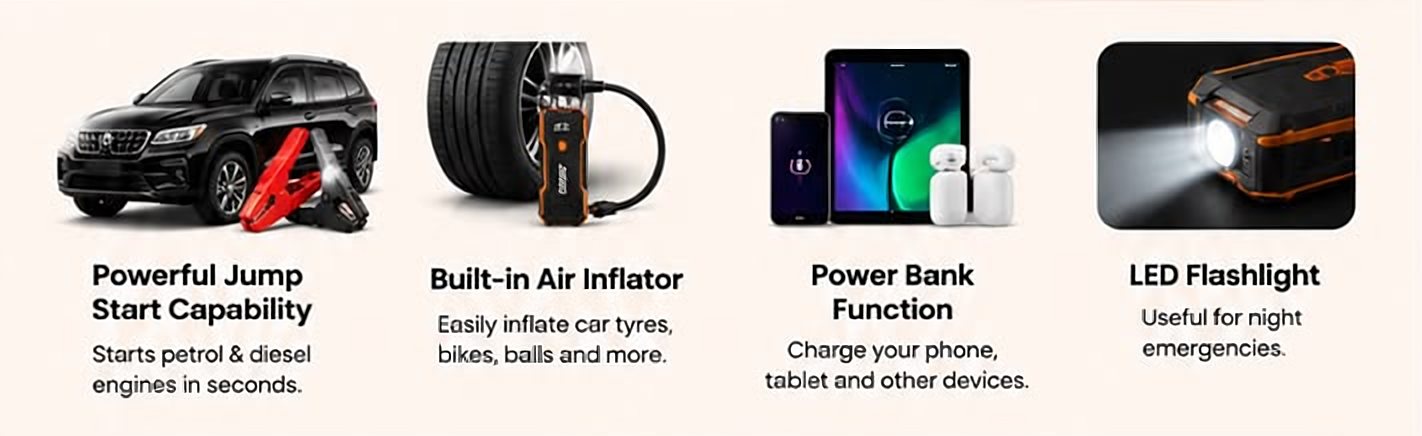 Powerful jump start, built-in air inflator, power bank function, LED flashlight