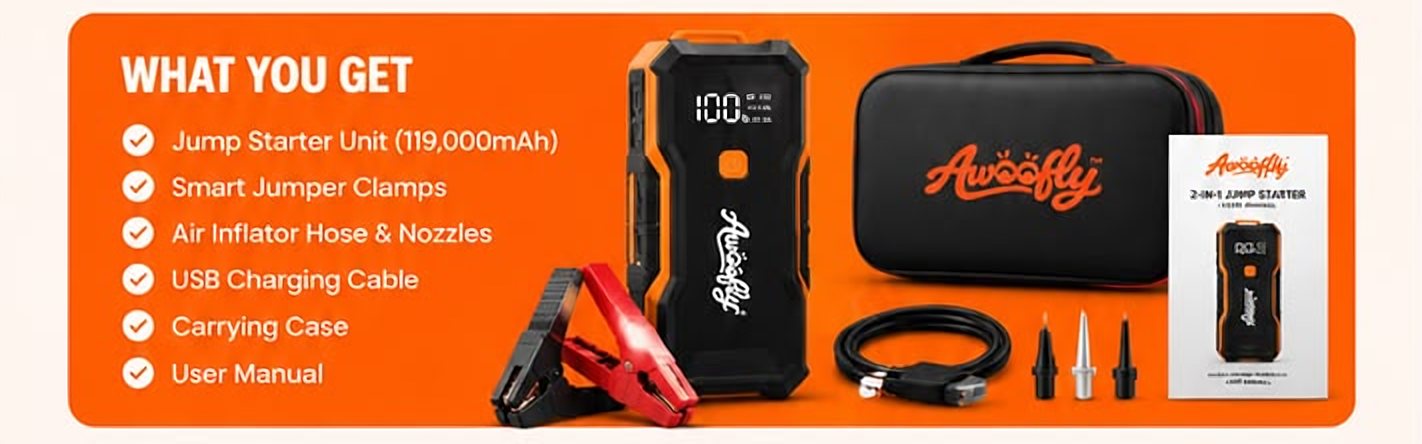 What you get: jump starter unit, smart jumper clamps, air inflator hose and nozzles, USB cable, carrying case, user manual